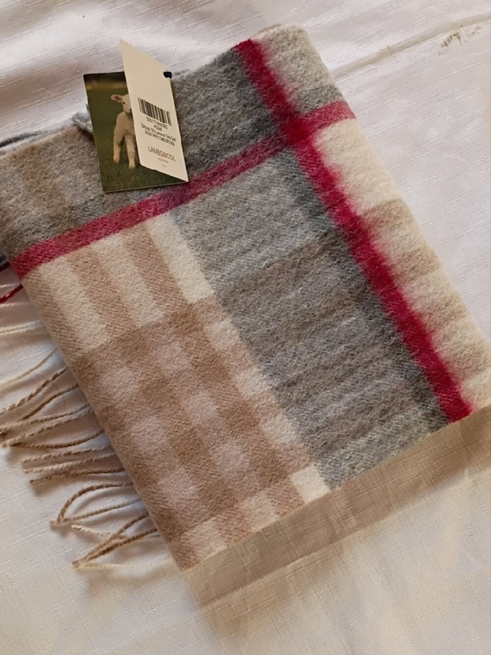 Edinburgh Lambswool Plaid Fringe Scarf in Beige, Gray & Red Stripe 62 X 10 In" - Picture 5 of 7